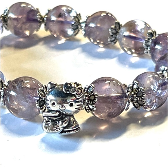 Natural Amethyst Stretchy Bracelet With Hello Kitty Charm Crystal Gemstone - Picture 2 of 6